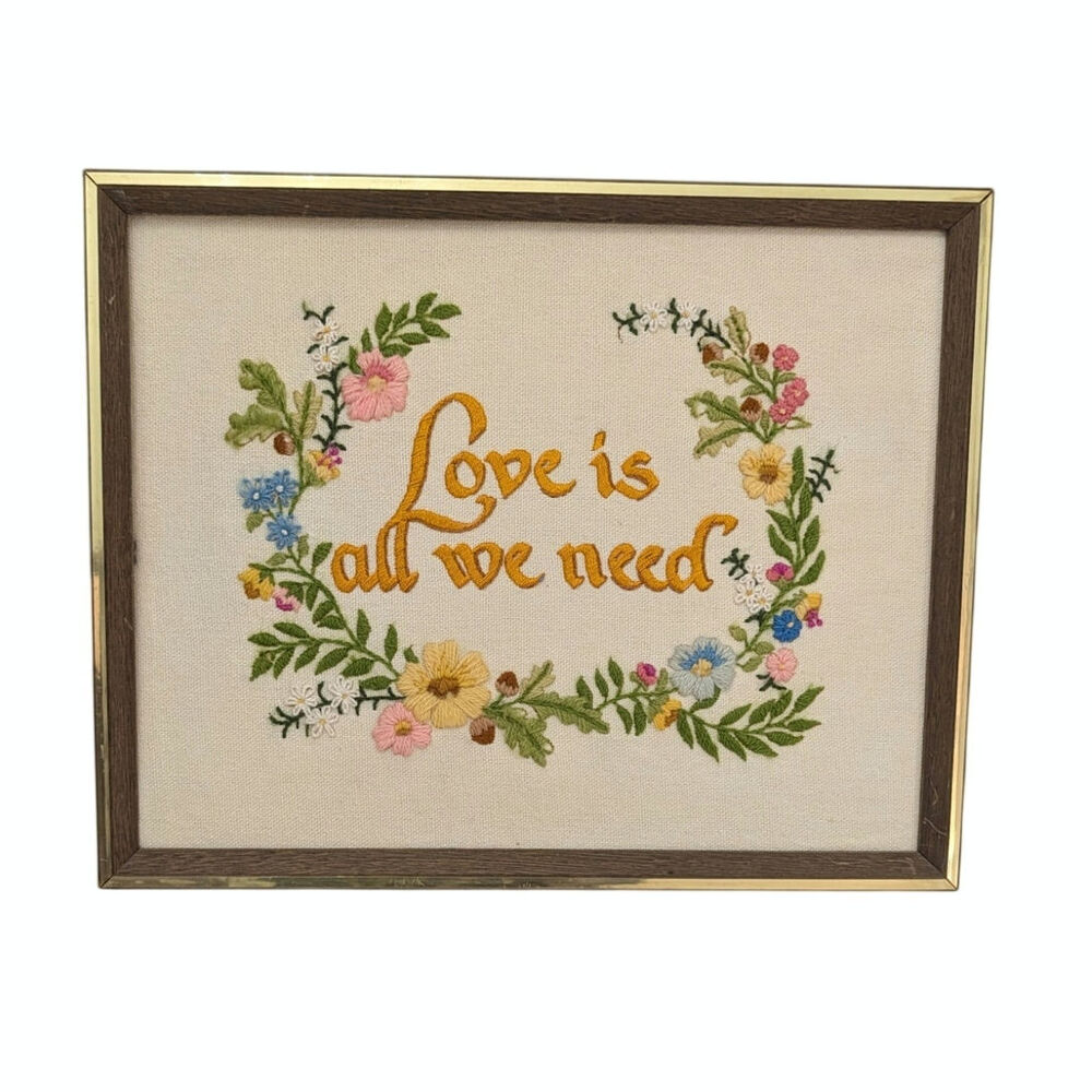 Love is All We Need 12 x 15 in Crewel Needlepoint Framed 1970s